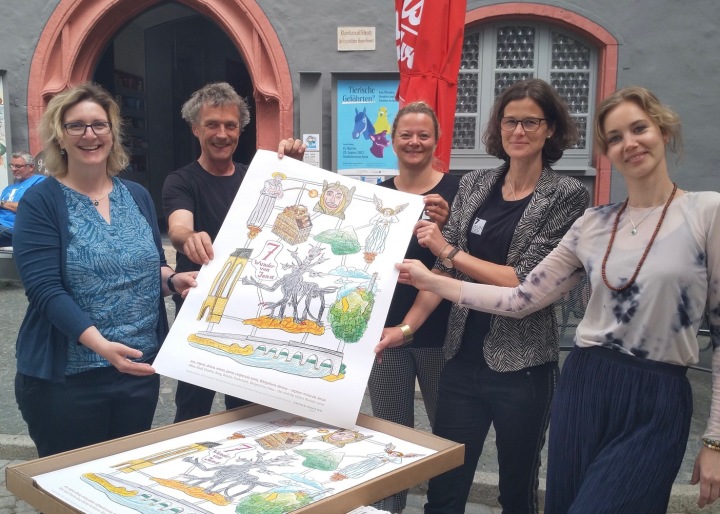 Mitarbeiter des Stadtmuseums und der SiebenWunder GmbH mit Plakat vor dem Jenaer Stadtmuseum