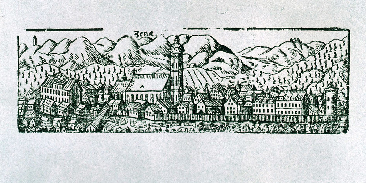 Holzschnitt, Stadtansicht Jena von Norden, 1680  ©JenaKultur/ Stadtmuseum Jena