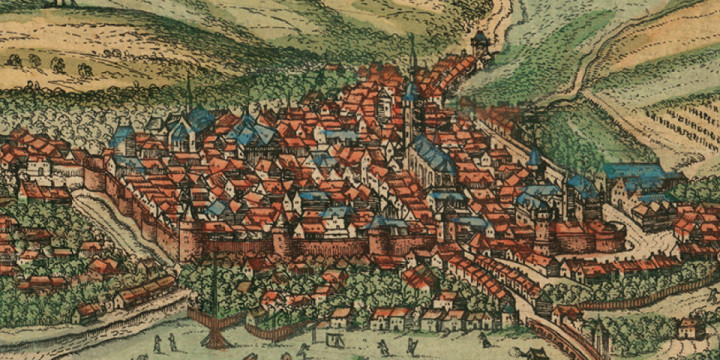 Stadtansicht Jenas von 1572, kolorierter Kupferstich von Franz Hogenberg © Stadtmuseum Jena
